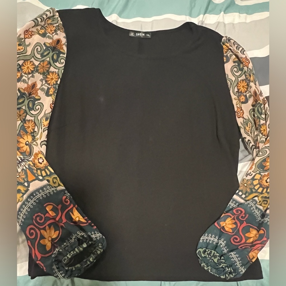 BIG SALE(5 for $20)- Black Blouse with Multicolor Floral Sleeves
